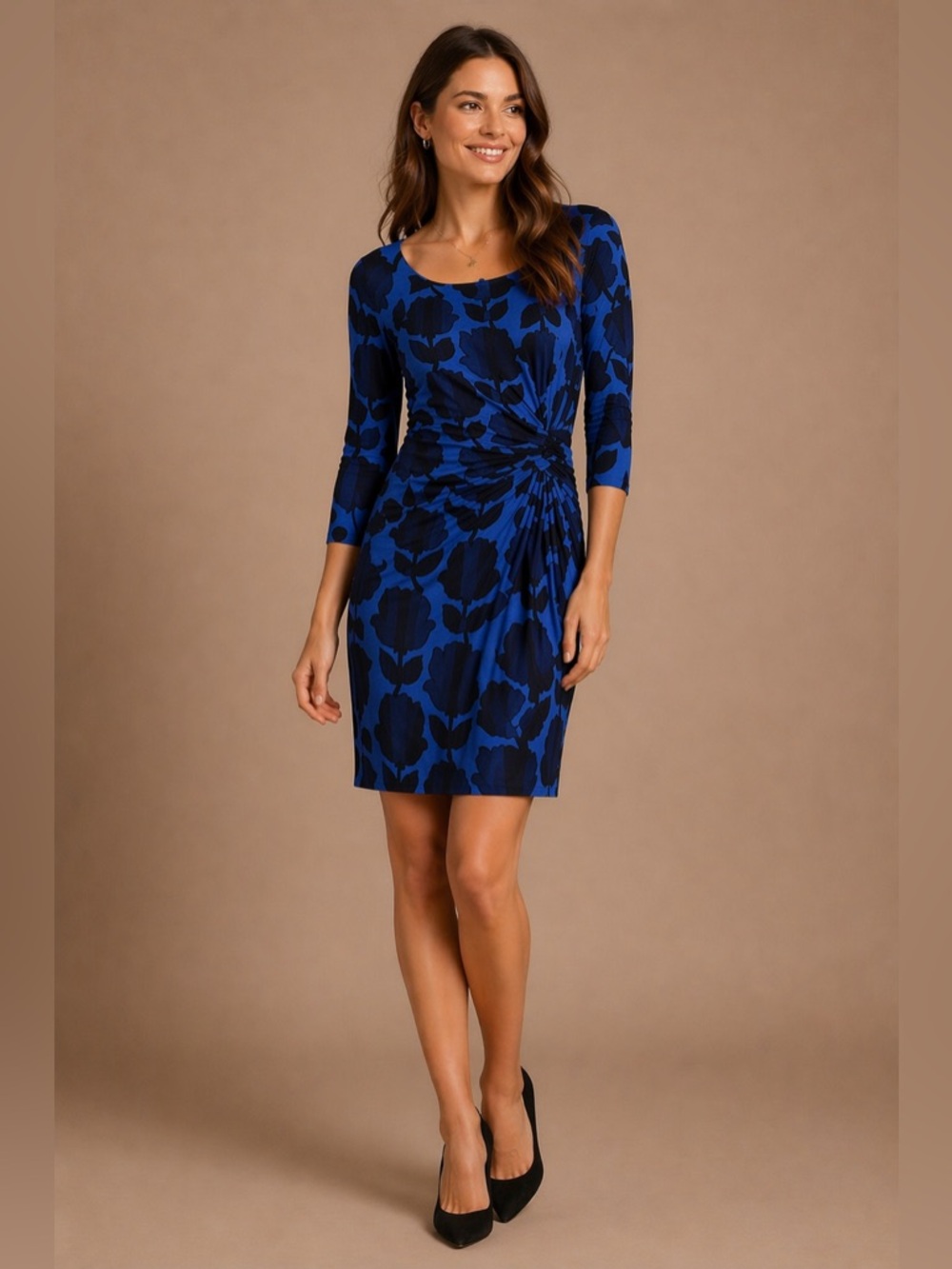 Boden Harper Faux Wrap Blue Floral Ruched Jersey Dress Size‎ 4